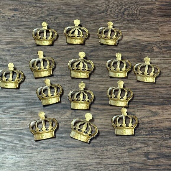 Vintage Set of 14 Gold Crown Ornaments Gold with Green Red And Clear Gem Accents - Picture 2 of 15